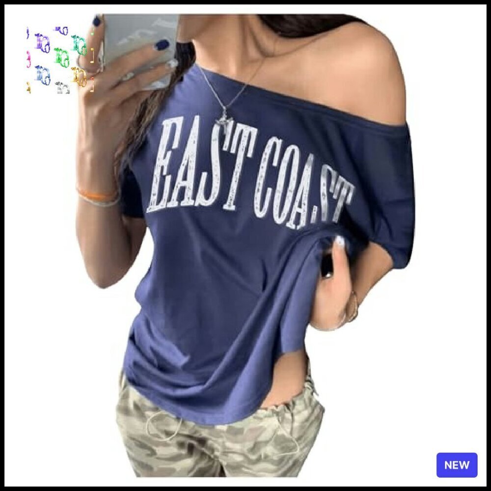 Oversized Off Shoulder Graphic Tee Y2K Vintage Retro Trendy Casual Top - Picture 2 of 4